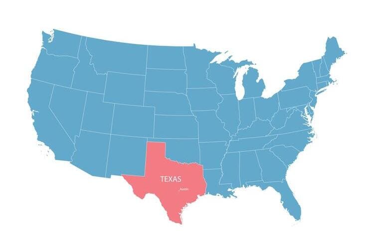 Imagen de vector azul de los Estados Unidos con Texas resaltada en rojo